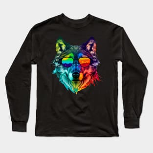 Stylized Wolf Head with Rainbow Colors Long Sleeve T-Shirt